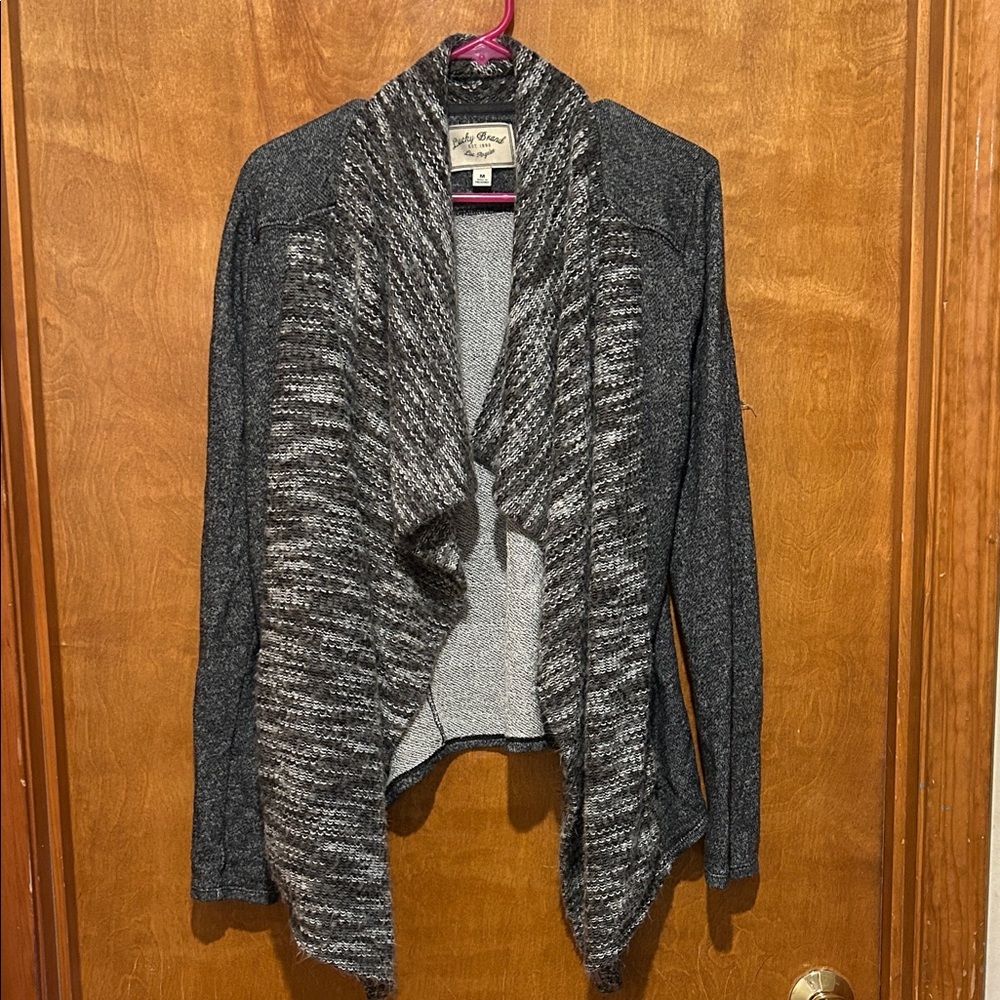 Lucky Brand Charcoal and Heather Fuzzy Open Front Knit Cardigan Sweater Size M‎